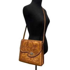 Vintage Hand Crafted Tooled Leather Mexican Cross Body Bag Leaf Print Tan Purse.